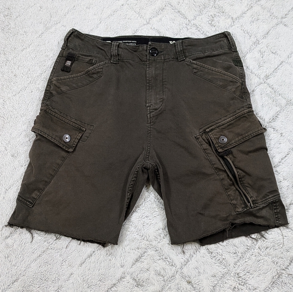 G-Star Raw Shorts Men's 30 Green Army Roxic Cargo Cotton Twill Blend Raw Hem 